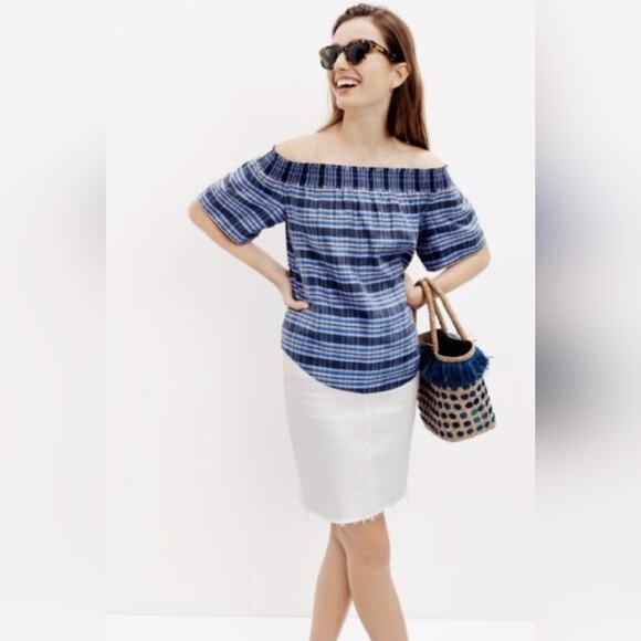 J. Crew Off Shoulder Plaid Silk Top Size 2 NEW - Picture 1 of 7